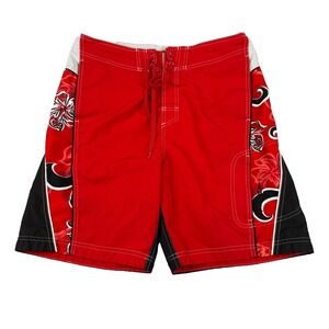 Speedo Board Shorts Mens M Red Floral Swim Trunks Surf Lace Up Zip Pocket Lined